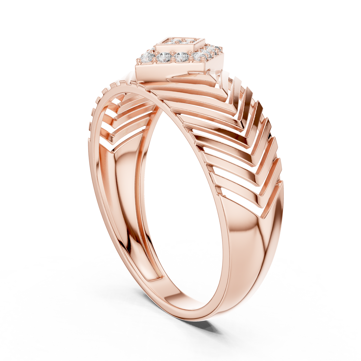 Chevron Rhombus Cluster Moissanite Ring in rose 925 sterling silver, view 1