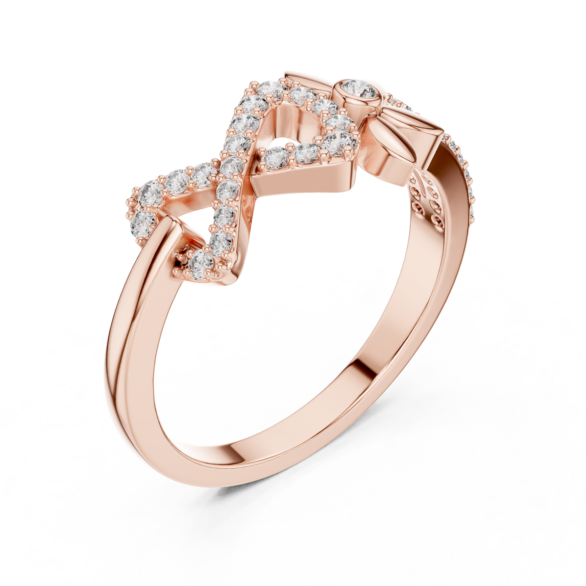 Pavé Infinity and Flower Moissanite Ring in rose 925 sterling silver, view 2