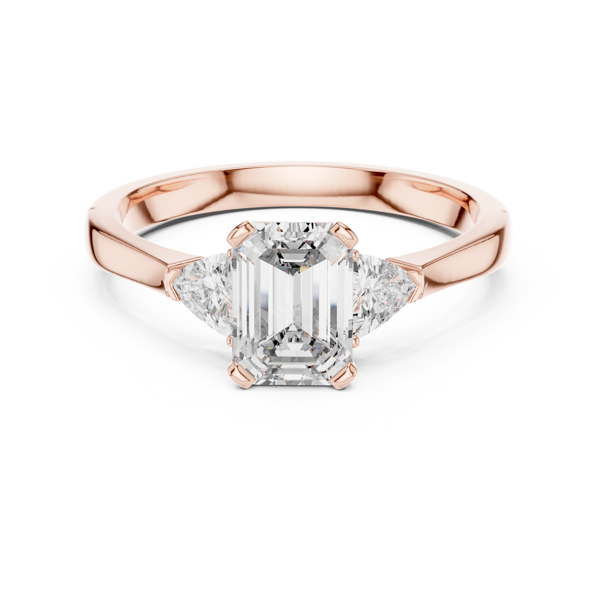 Emerald Cut and Trillion Three Stone Moissanite Engagement Ring in rose 925 sterling silver, view 4
