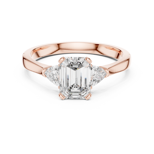 Emerald Cut and Trillion Three Stone Moissanite Engagement Ring in rose 925 sterling silver, view 4