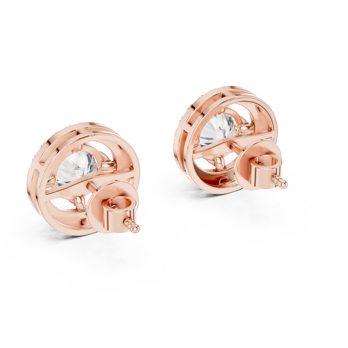 Round halo moissanite stud earrings in rose 925 sterling silver, four-prong halo, view 3