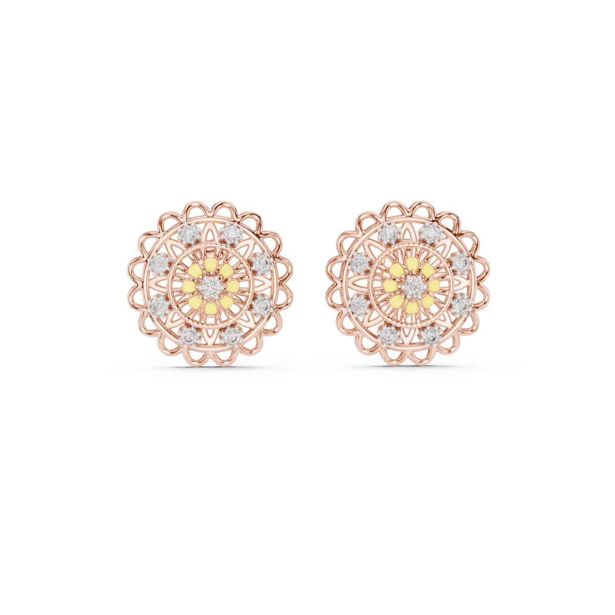 Moissanite Mandala Flower Stud Earrings in rose 925 sterling silver, view 4