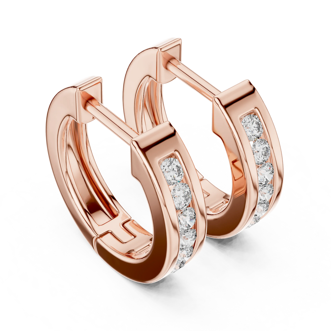 Moissanite channel set huggie earrings in rose 925 sterling silver, view 2