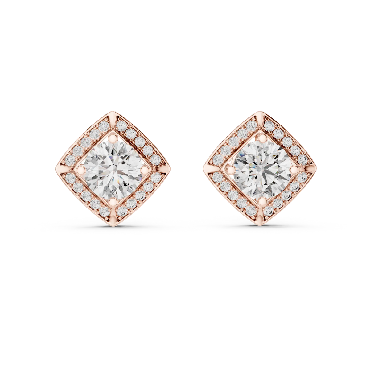Round moissanite square halo stud earrings in rose 925 sterling silver, view 4
