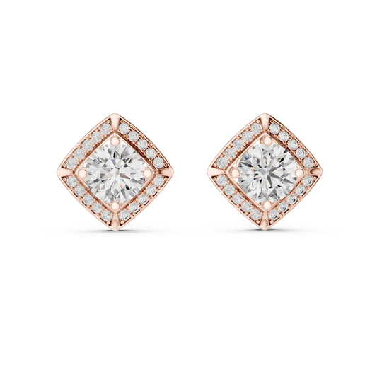 Round moissanite square halo stud earrings in rose 925 sterling silver, view 4
