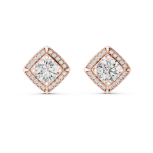 Round moissanite square halo stud earrings in rose 925 sterling silver, view 4