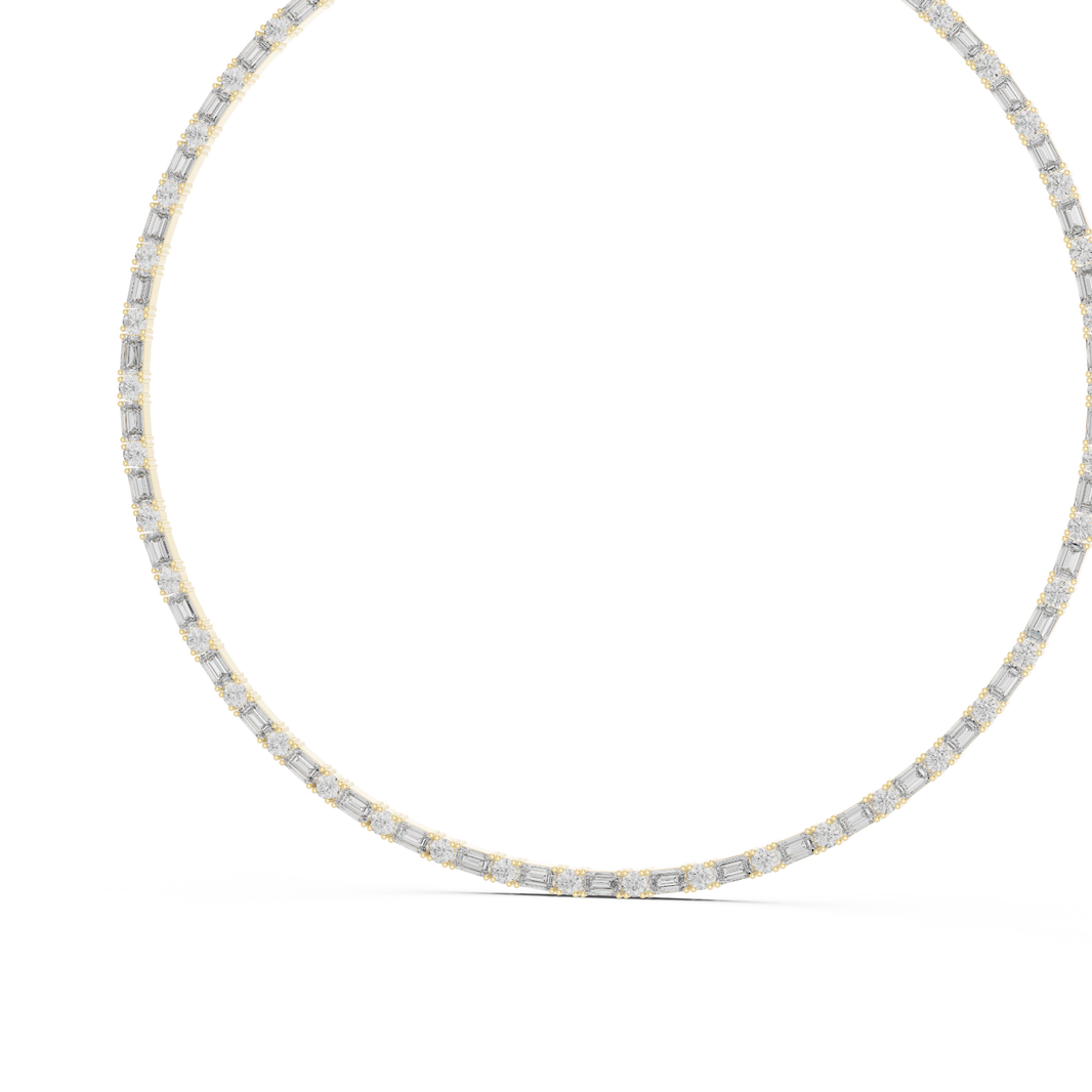 Emerald Cut and Round Tennis Necklace in yellow 925 sterling silver, view 2