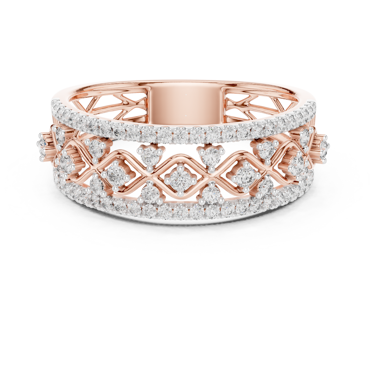Triple Row Openwork Moissanite Band in rose 925 sterling silver, view 4