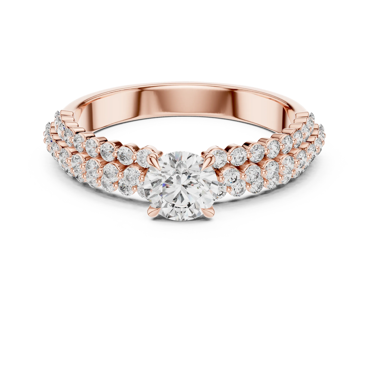 Round Solitaire Moissanite Ring with Double Row Pavé Band in rose 925 sterling silver, view 4