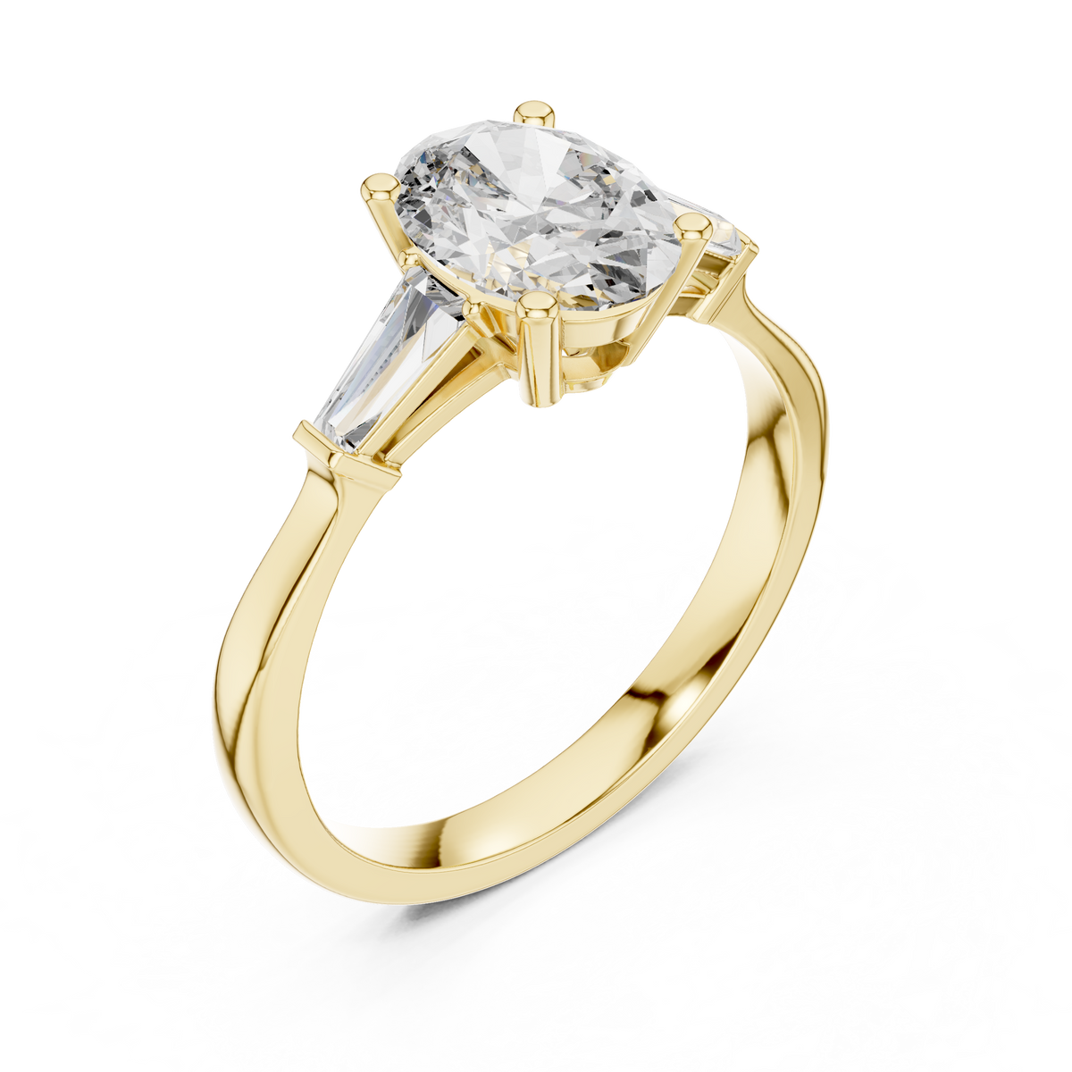 Oval Moissanite Ring with Tapered Baguette Sides in yellow 925 sterling silver, view 2