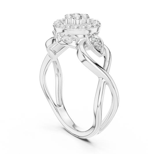 Cluster Halo Moissanite Ring with Scroll Accents in white 925 sterling silver, view 1