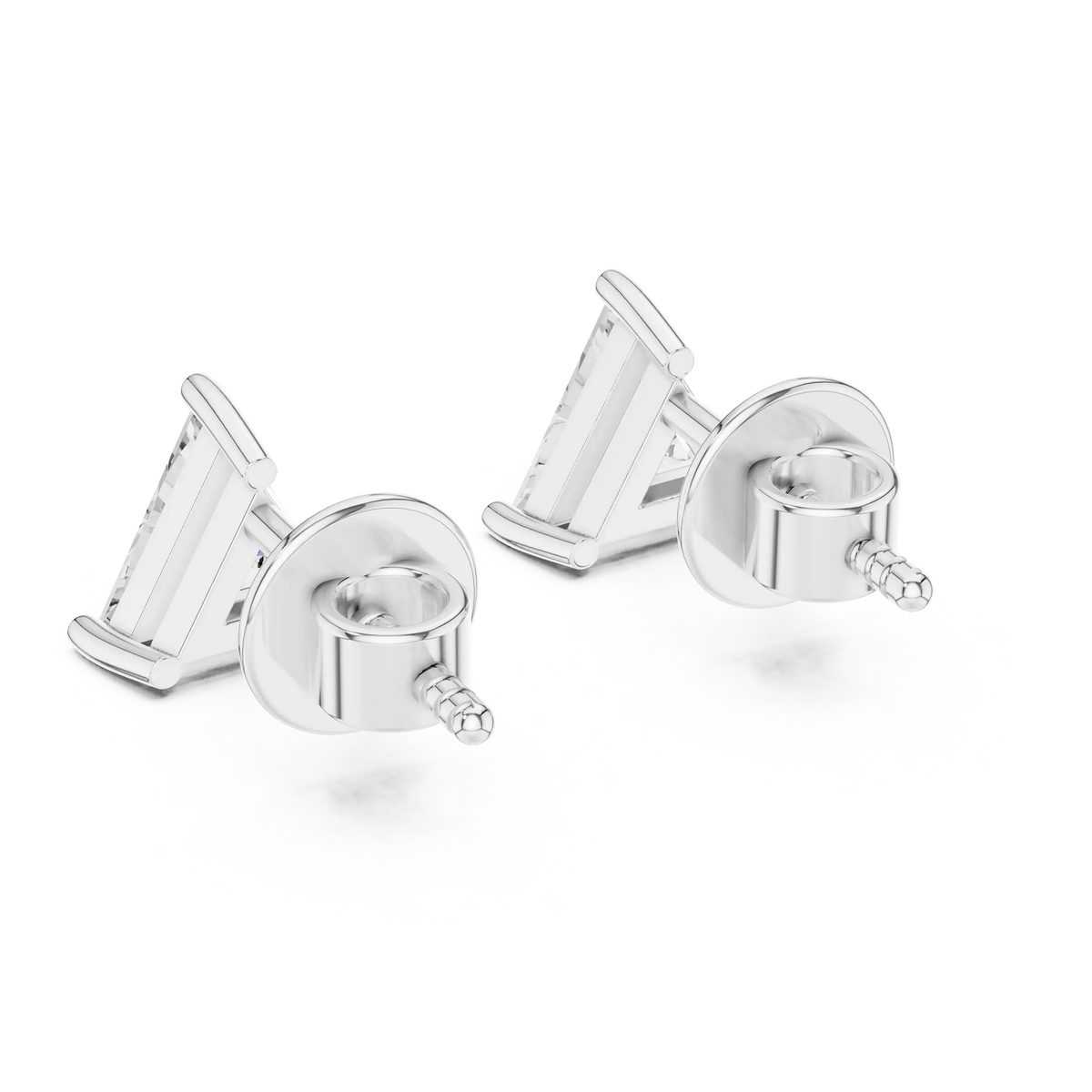 Trillion moissanite stud earrings in white 925 sterling silver, view 3