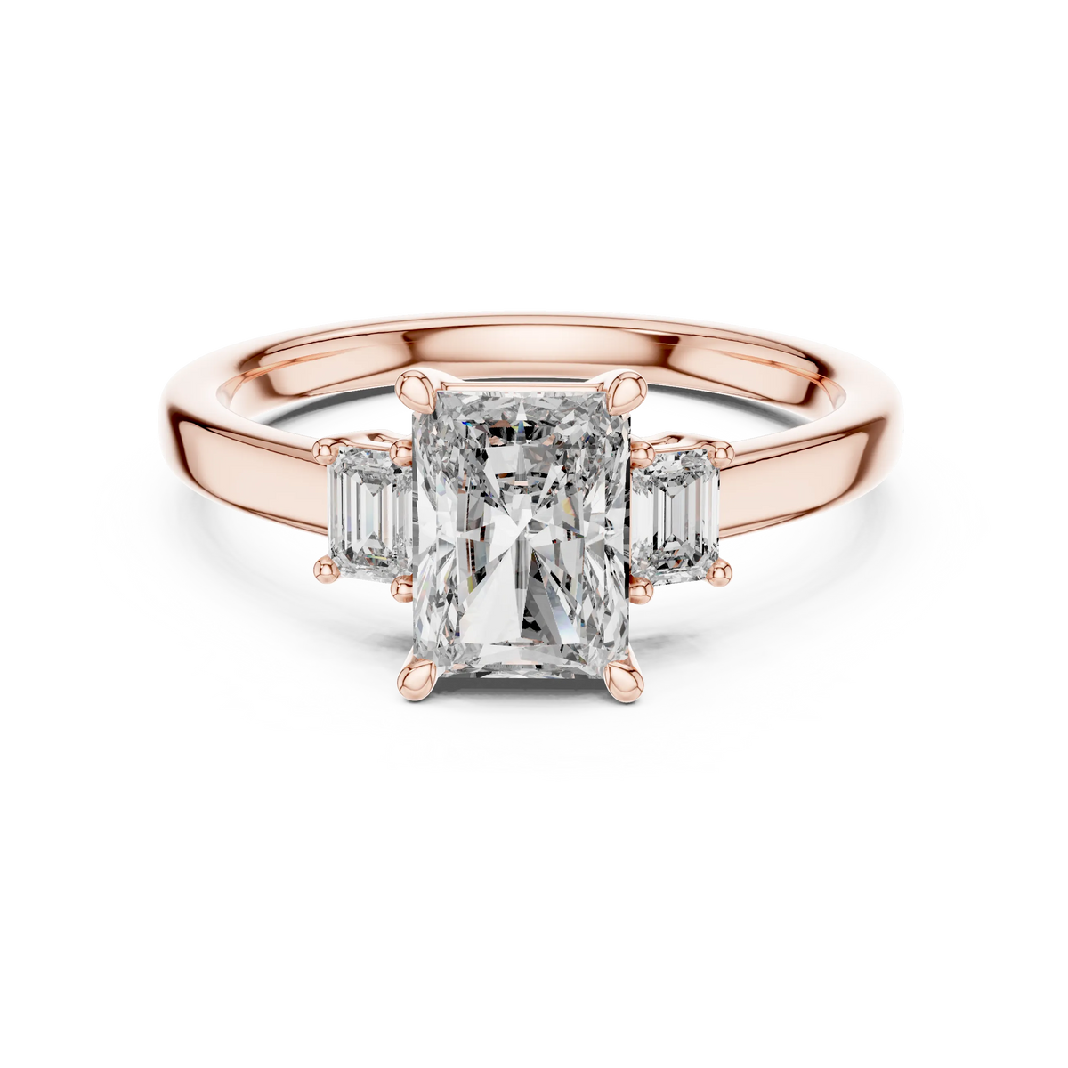 Radiant Cut Moissanite Ring with Baguette Side Stones in rose 925 sterling silver, view 4