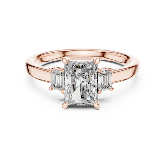 Radiant Cut Moissanite Ring with Baguette Side Stones in rose 925 sterling silver, view 4