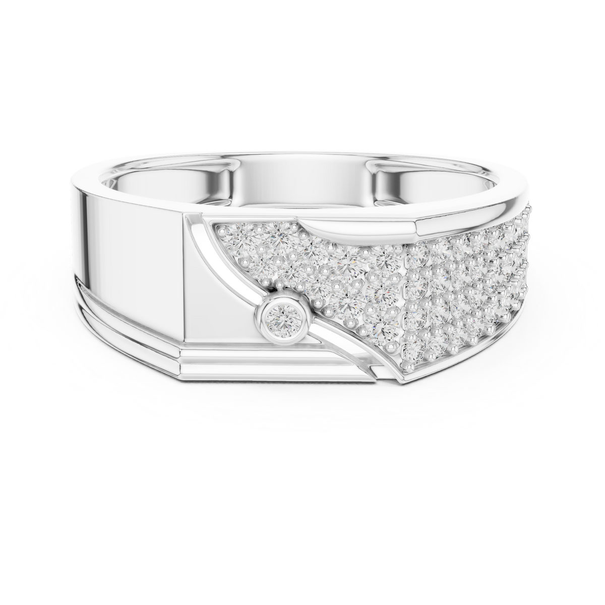 Men's Wide Pavé Panel Moissanite Band with Bezel Accent in white 925 sterling silver, view 4