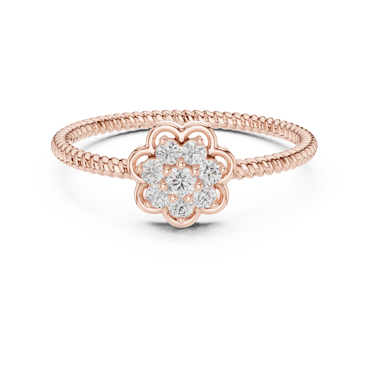 Flower Cluster Moissanite Ring with Rope Band in rose 925 sterling silver, view 4