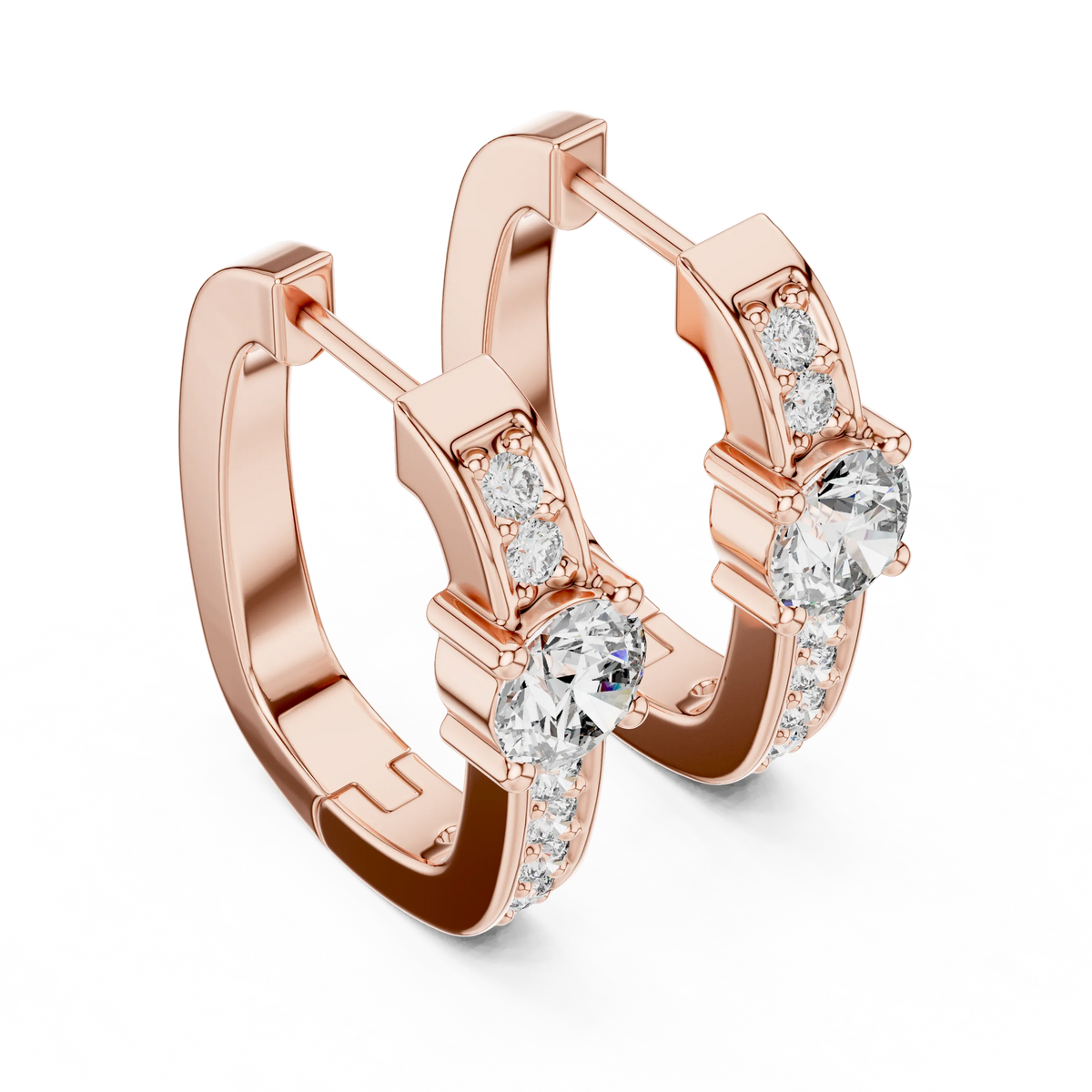 Moissanite solitaire pave huggie earrings in rose 925 sterling silver, view 2