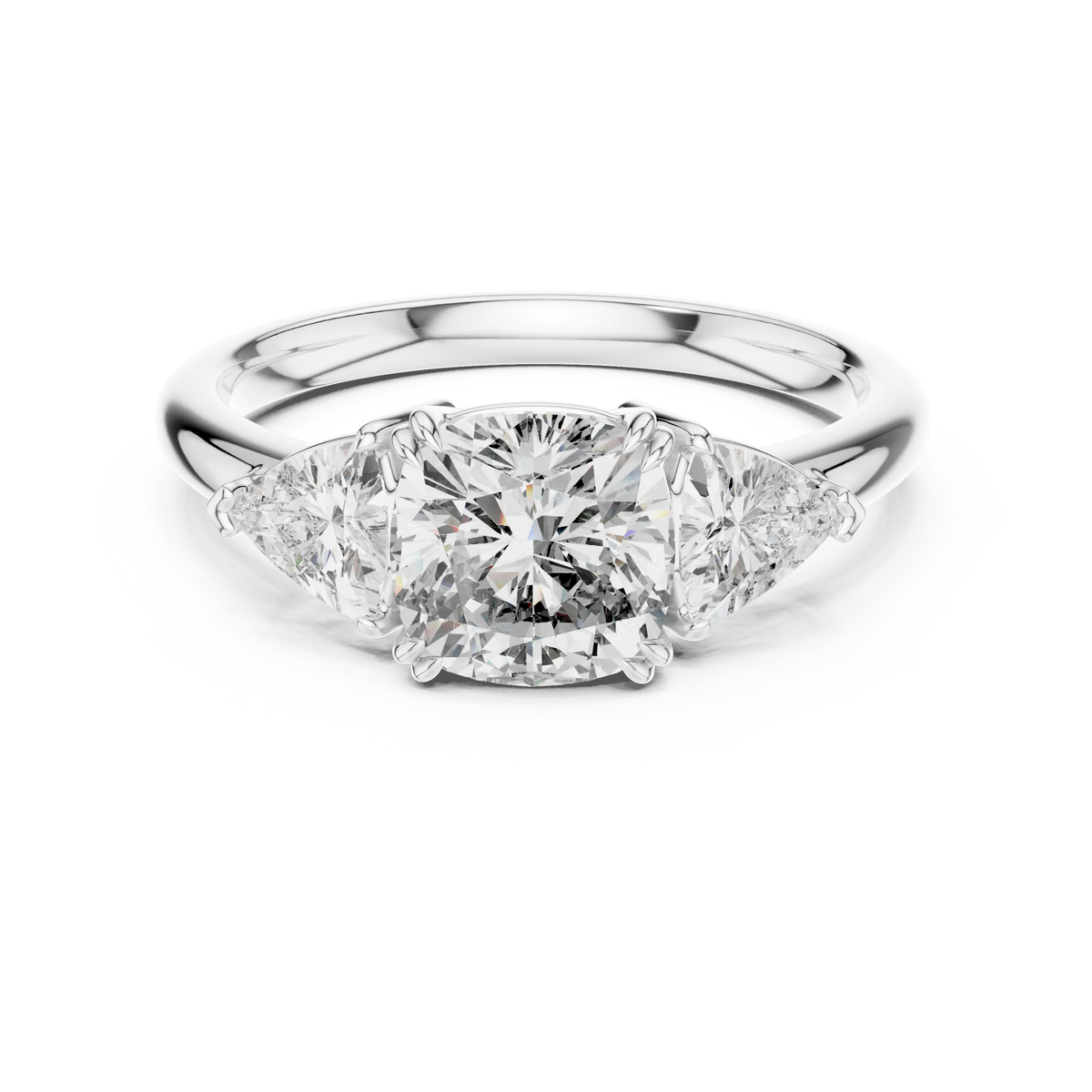 Cushion and Trillion Three Stone Moissanite Ring, Large Side Stones in white 925 sterling silver, view 4
