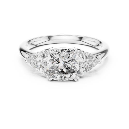 Cushion and Trillion Three Stone Moissanite Ring, Large Side Stones in white 925 sterling silver, view 4