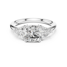 Cushion and Trillion Three Stone Moissanite Ring, Large Side Stones in white 925 sterling silver, view 4