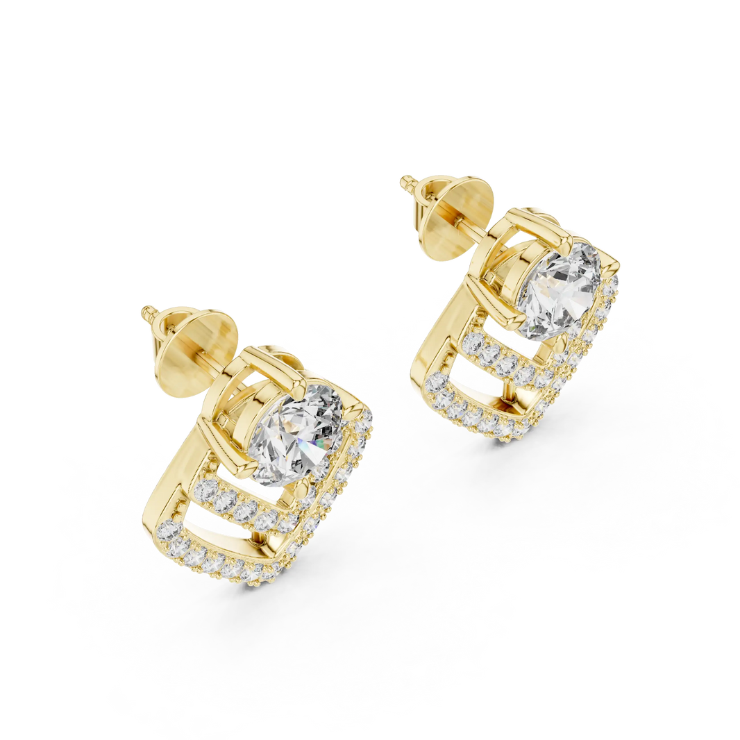 Round moissanite pave chevron stud earrings in yellow 925 sterling silver, view 2