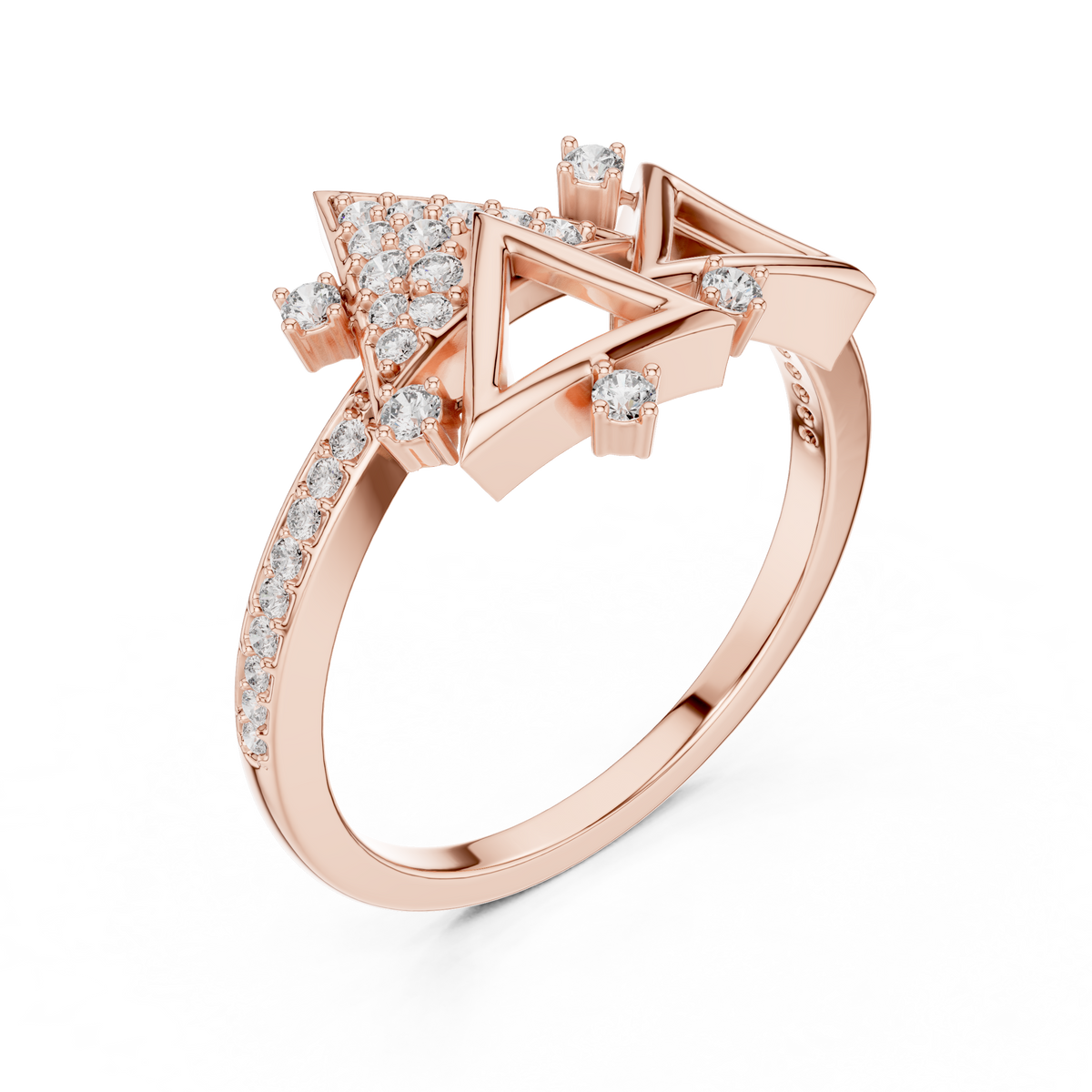 Geometric Triangle Pavé Moissanite Cocktail Ring in rose 925 sterling silver, view 2