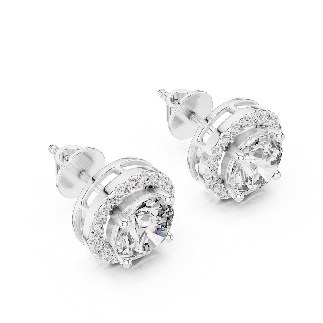 Round moissanite U-prong halo stud earrings in white 925 sterling silver, view 2