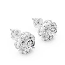Round moissanite U-prong halo stud earrings in white 925 sterling silver, view 2