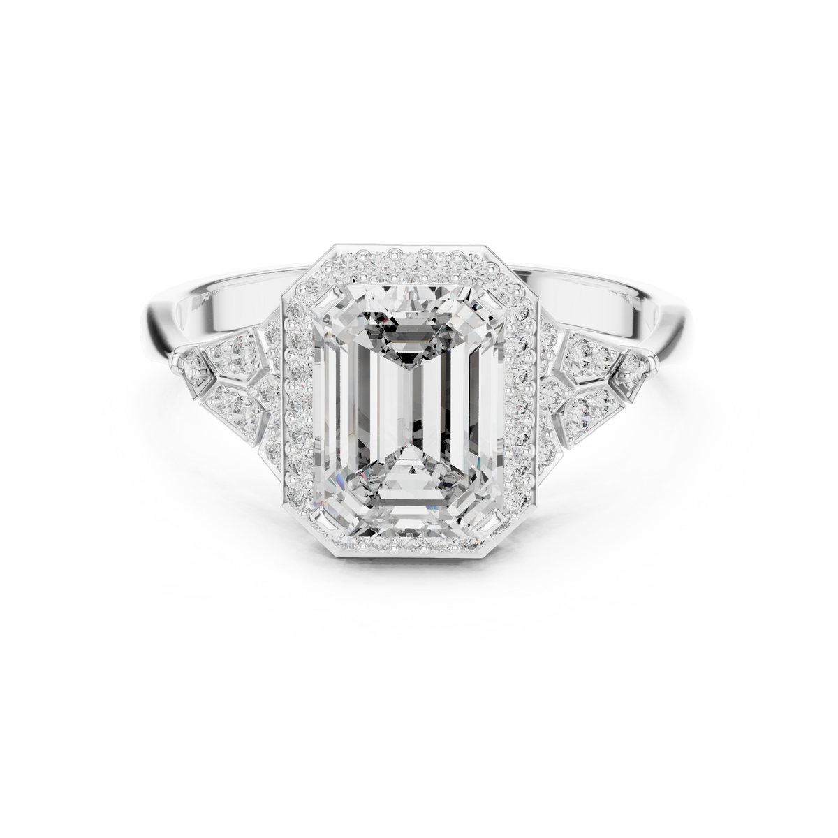 Emerald Cut Art Deco Halo Moissanite Ring in white 925 sterling silver, view 4