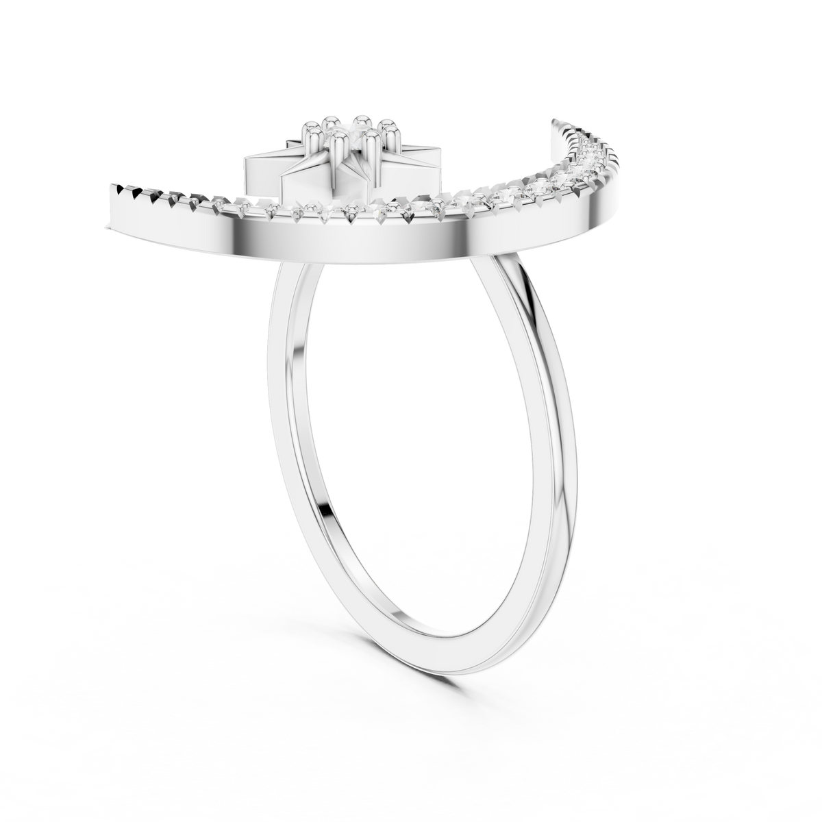 Crescent Moon and Star Moissanite Open Ring in white 925 sterling silver, view 1