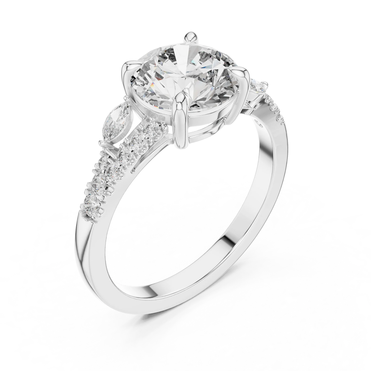 Round Moissanite Engagement Ring with Marquise Accents in white 925 sterling silver, view 2