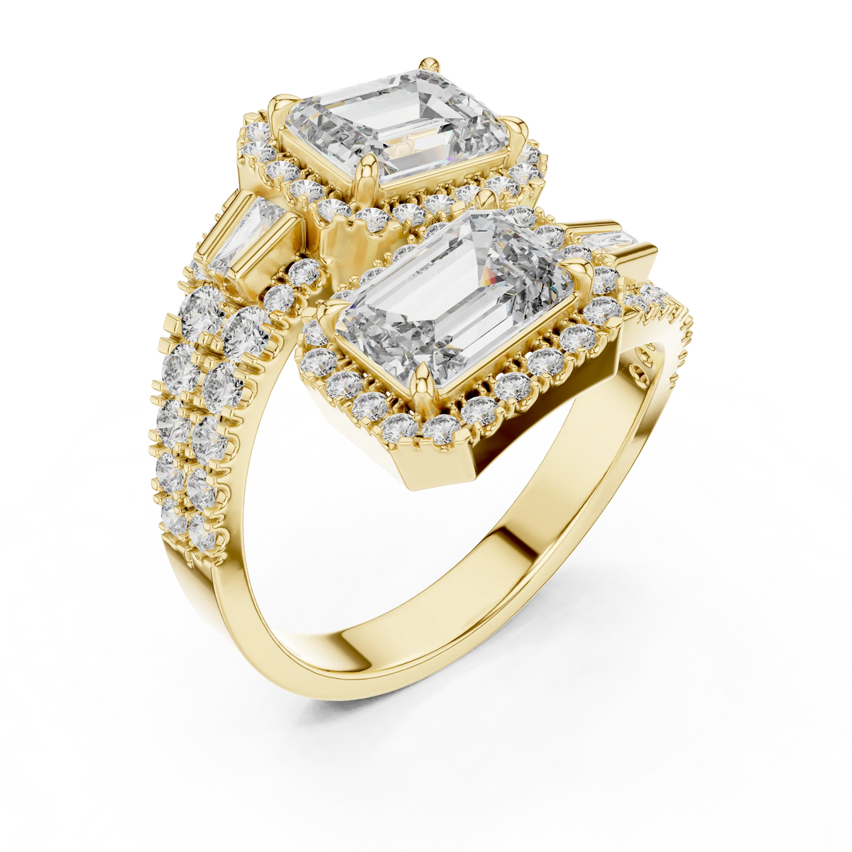 Emerald Cut Halo Toi et Moi Moissanite Bypass Ring in yellow 925 sterling silver, view 2