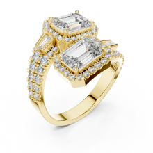 Emerald Cut Halo Toi et Moi Moissanite Bypass Ring in yellow 925 sterling silver, view 2
