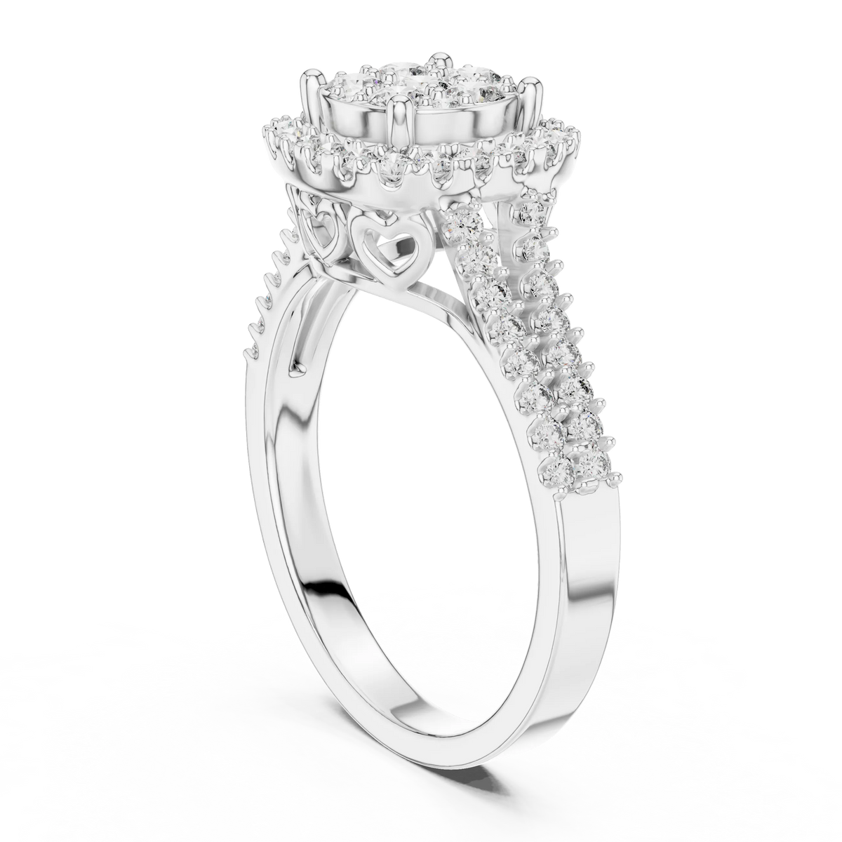 Round Cluster Halo Moissanite Ring with Split Pavé Shank in white 925 sterling silver, view 1
