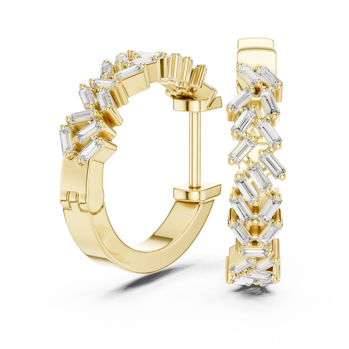Baguette moissanite scatter hoop earrings in yellow 925 sterling silver, view 1