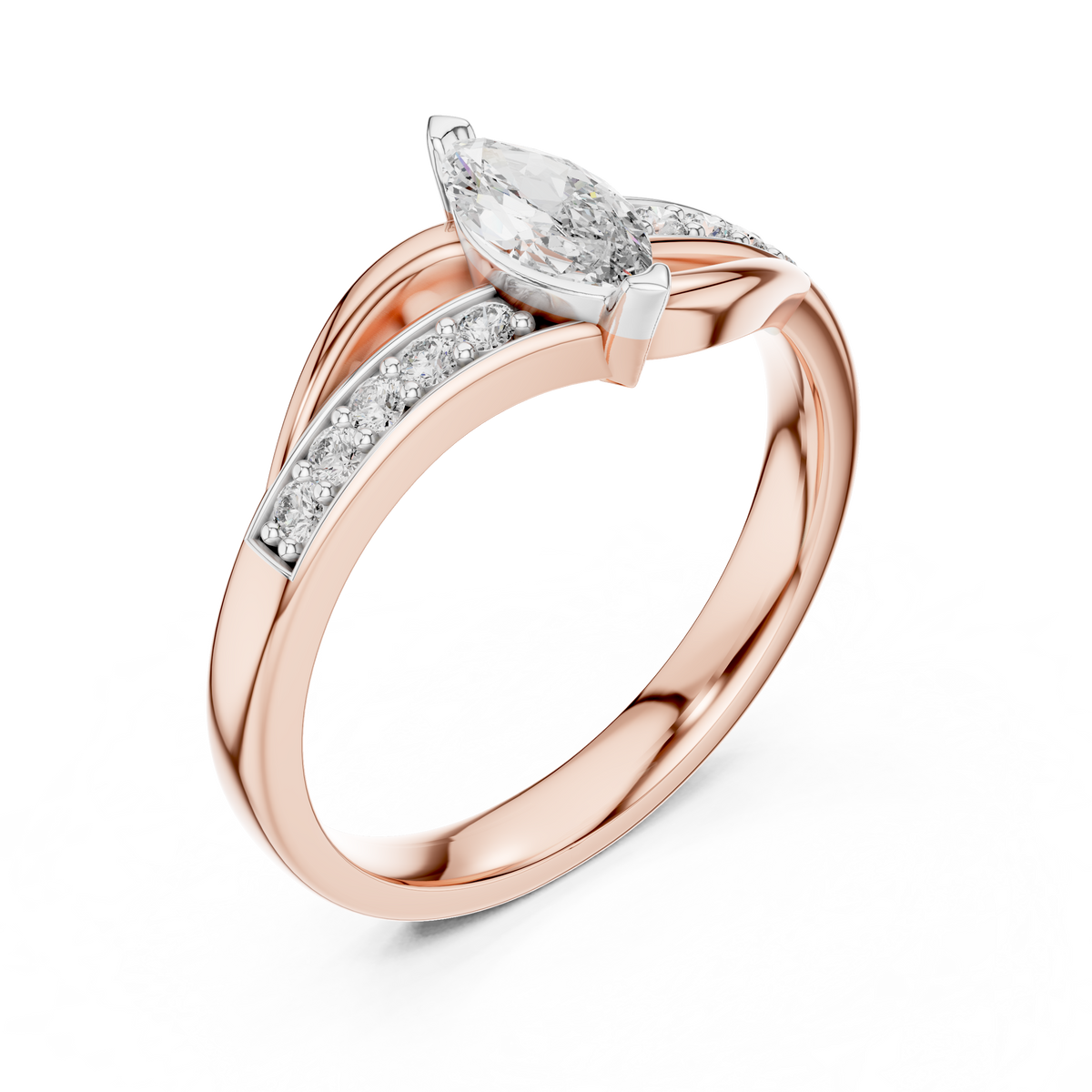 Marquise Bypass Moissanite Ring with Pavé Shoulders in rose 925 sterling silver, view 2