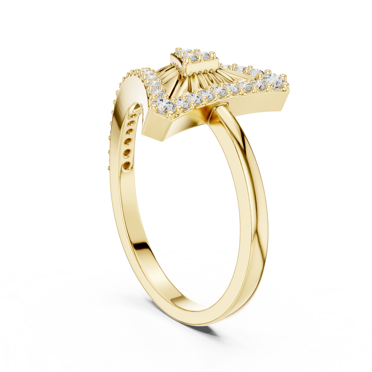 Triangle Sunburst Pavé Moissanite Ring in yellow 925 sterling silver, view 1