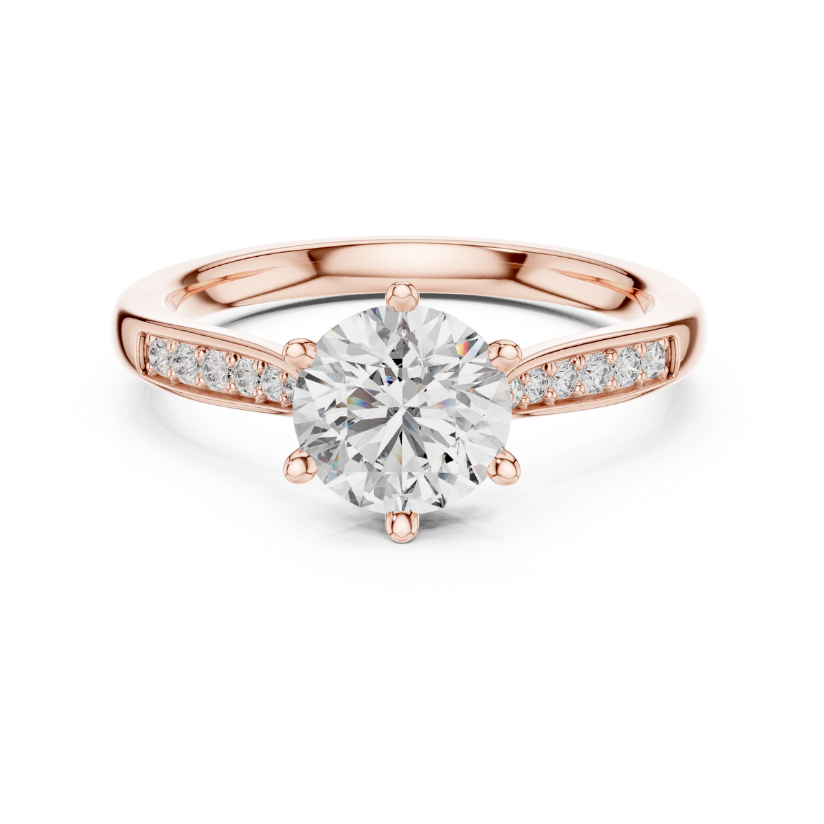 Round Six Prong Moissanite Ring with Pavé Shoulders in rose 925 sterling silver, view 4