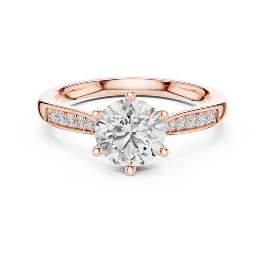 Round Six Prong Moissanite Ring with Pavé Shoulders in rose 925 sterling silver, view 4