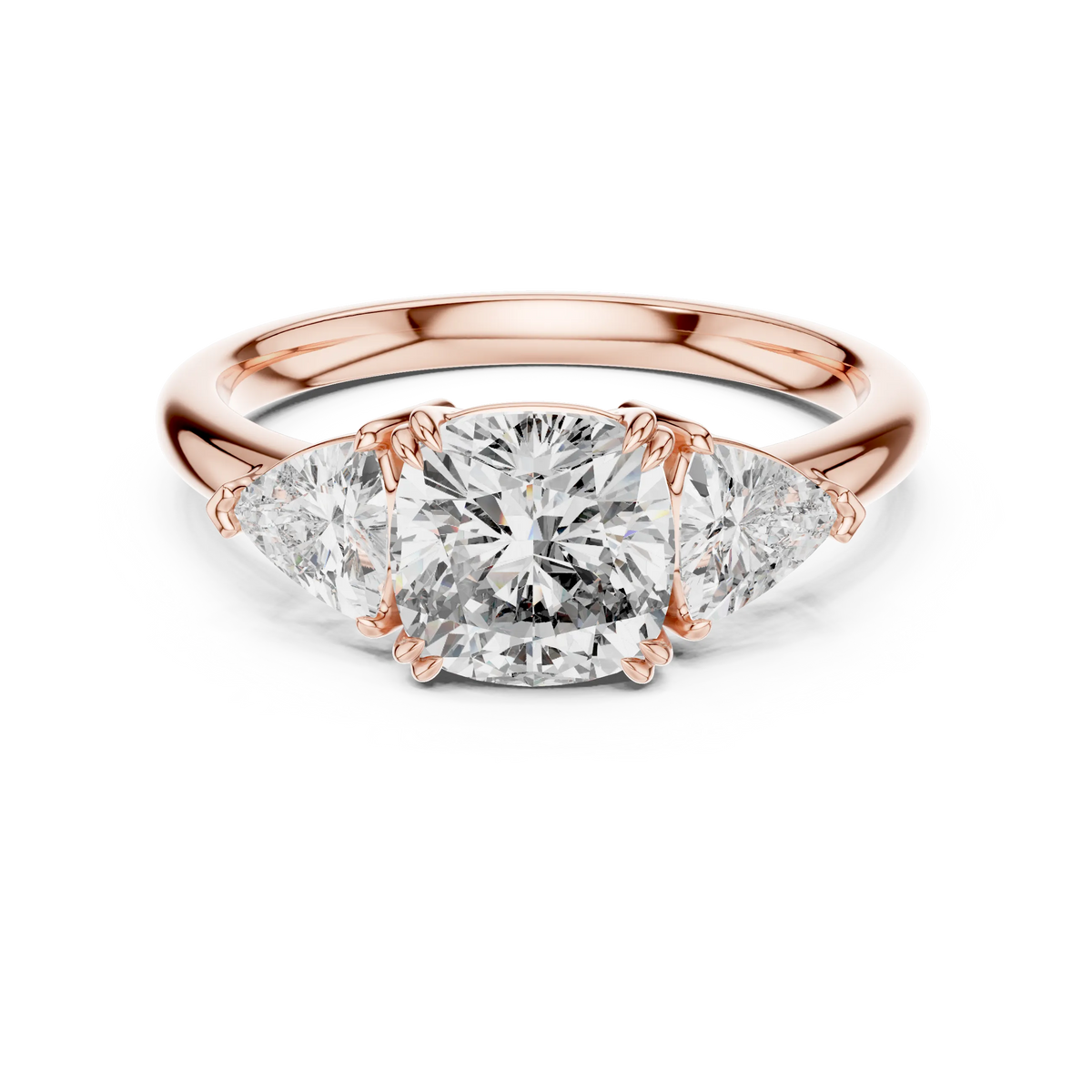Cushion and Trillion Three Stone Moissanite Ring, Large Side Stones in rose 925 sterling silver, view 4