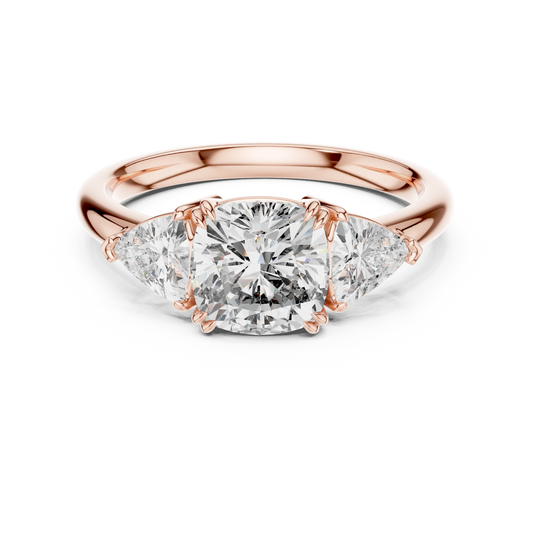 Cushion and Trillion Three Stone Moissanite Ring, Large Side Stones in rose 925 sterling silver, view 4