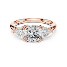 Cushion and Trillion Three Stone Moissanite Ring, Large Side Stones in rose 925 sterling silver, view 4