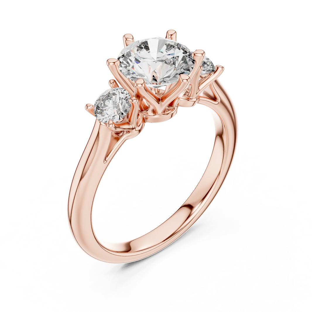 Round Three Stone Moissanite Engagement Ring in rose 925 sterling silver, view 2