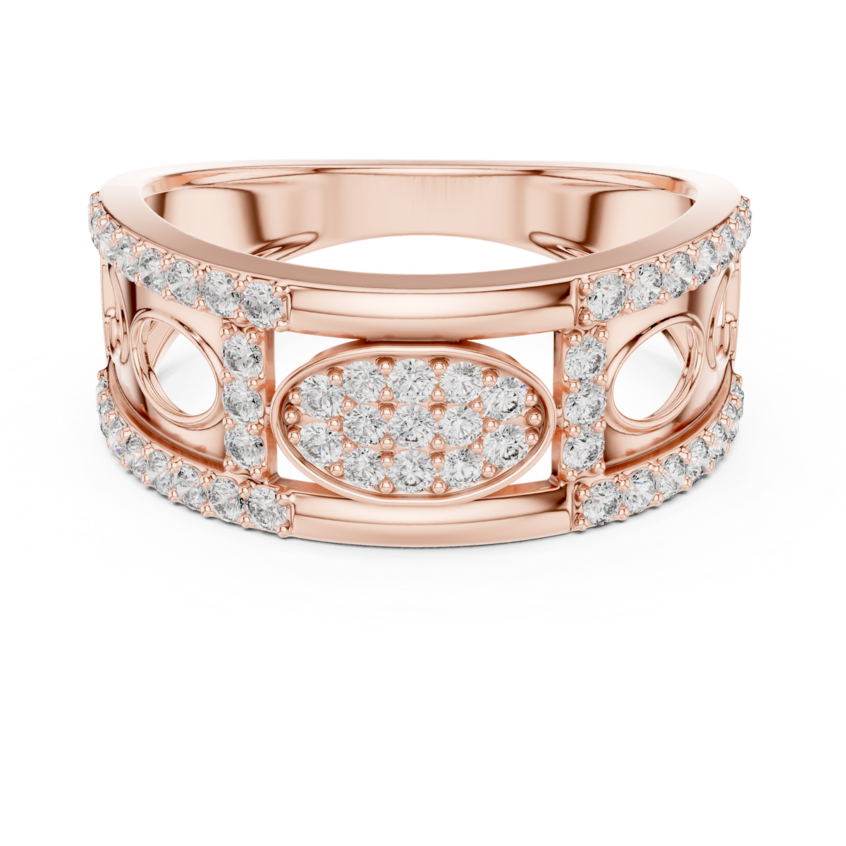 Oval Pavé Cluster Openwork Moissanite Statement Band in rose 925 sterling silver, view 4