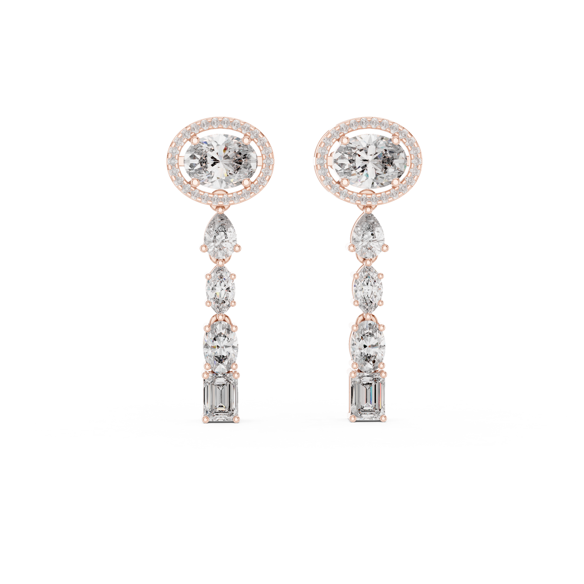 Oval Halo Mixed Shape Moissanite Line Drop Earrings in rose 925 sterling silver, view 4