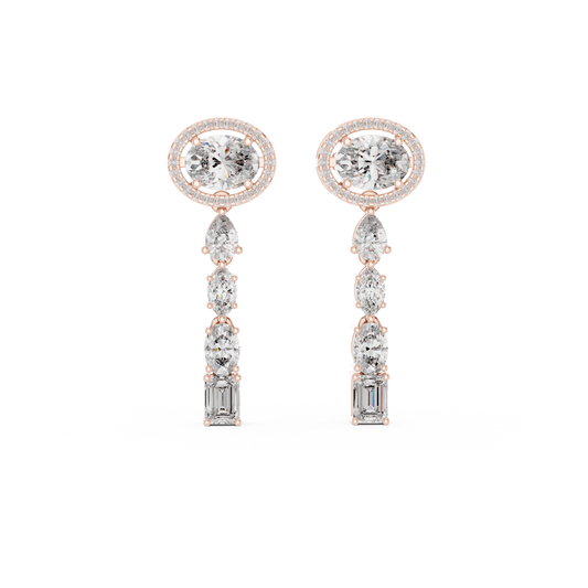 Oval Halo Mixed Shape Moissanite Line Drop Earrings in rose 925 sterling silver, view 4