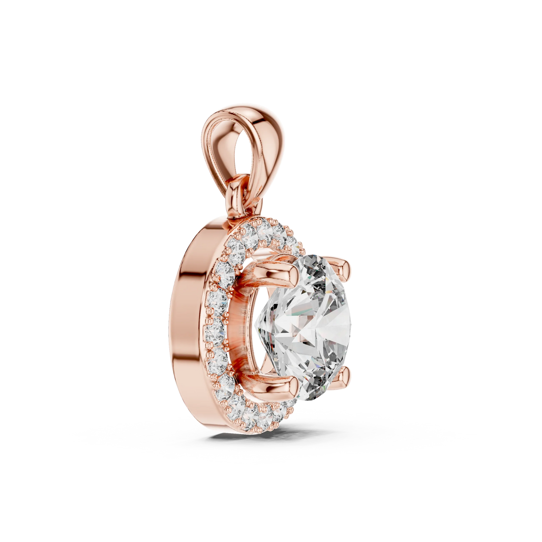 Round Halo Moissanite Pendant in rose 925 sterling silver, view 3
