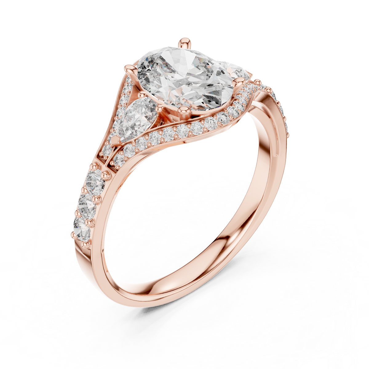 Oval and Pear Moissanite Halo Ring with Split Pavé Shoulders in rose 925 sterling silver, view 2
