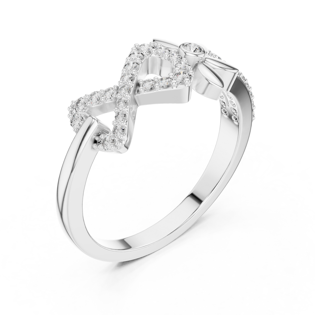Pavé Infinity and Flower Moissanite Ring in white 925 sterling silver, view 2