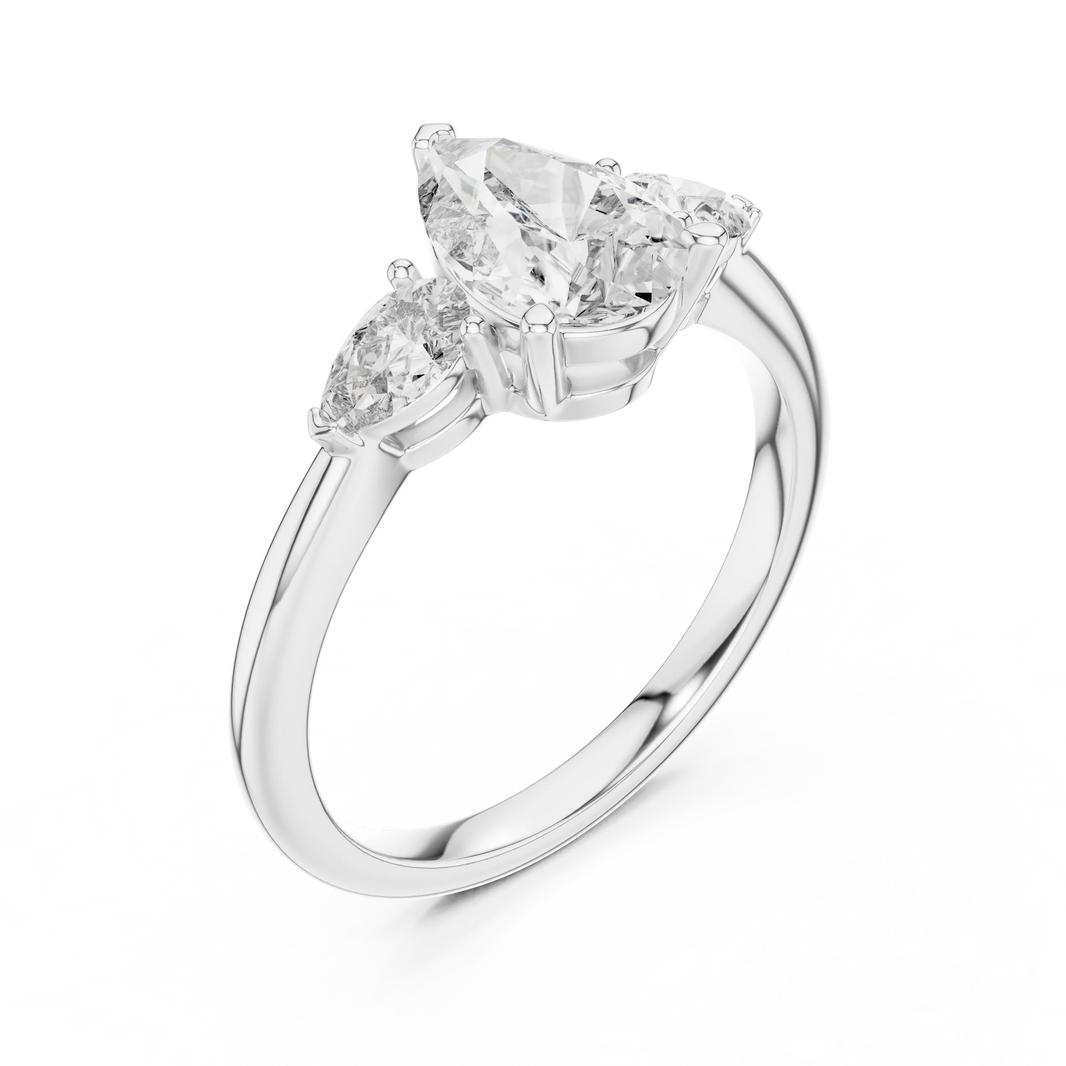 Pear Three Stone Moissanite Engagement Ring in white 925 sterling silver, view 2